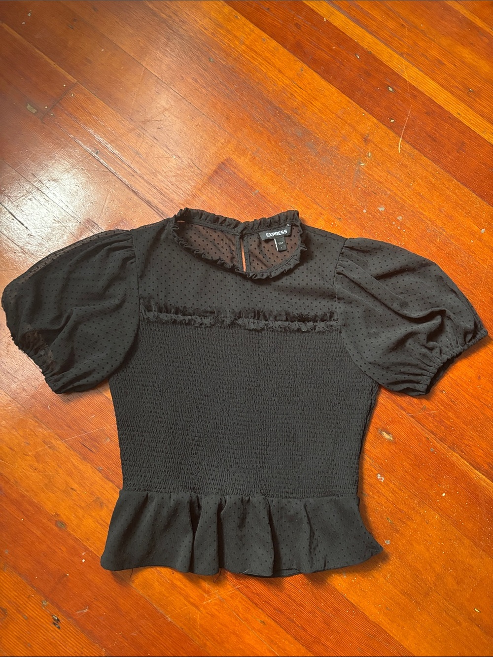 Express Black Puff Sleeve Smocked Peplum Top